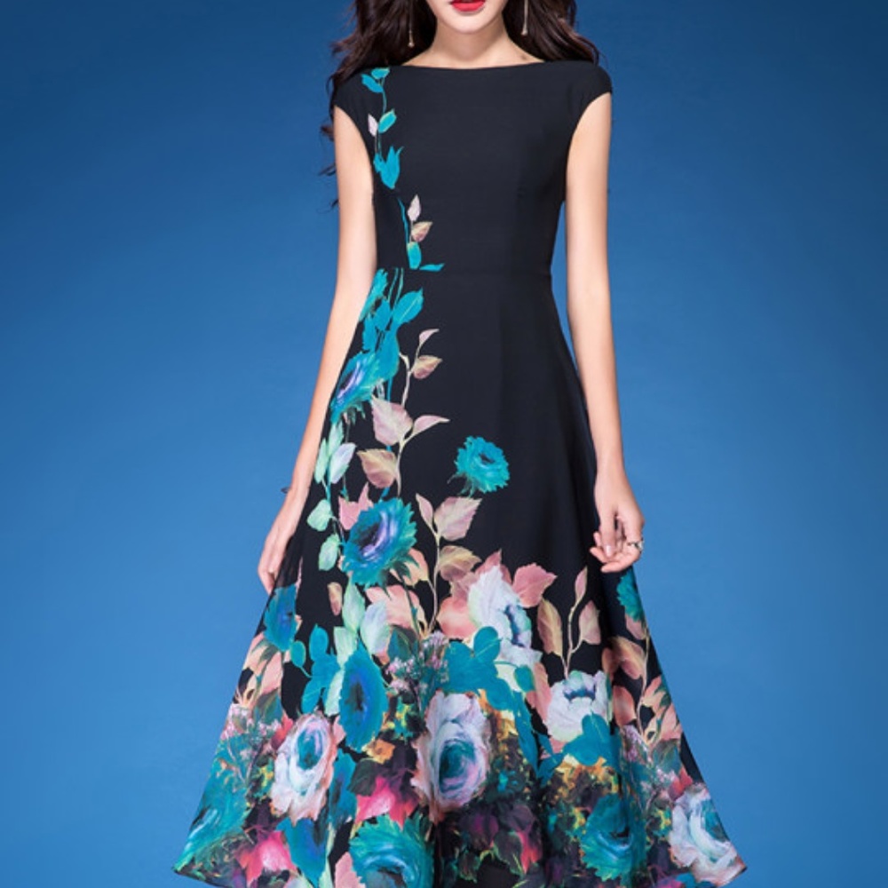 Round Neck Black Printed Maxi Dress (3XL)